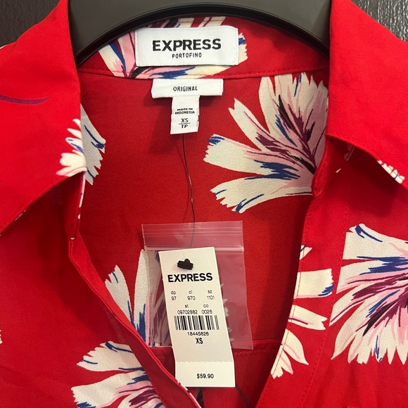 EXPRESS Portofino Red Floral Satin Button-Up Shirt - Picture 4 of 4